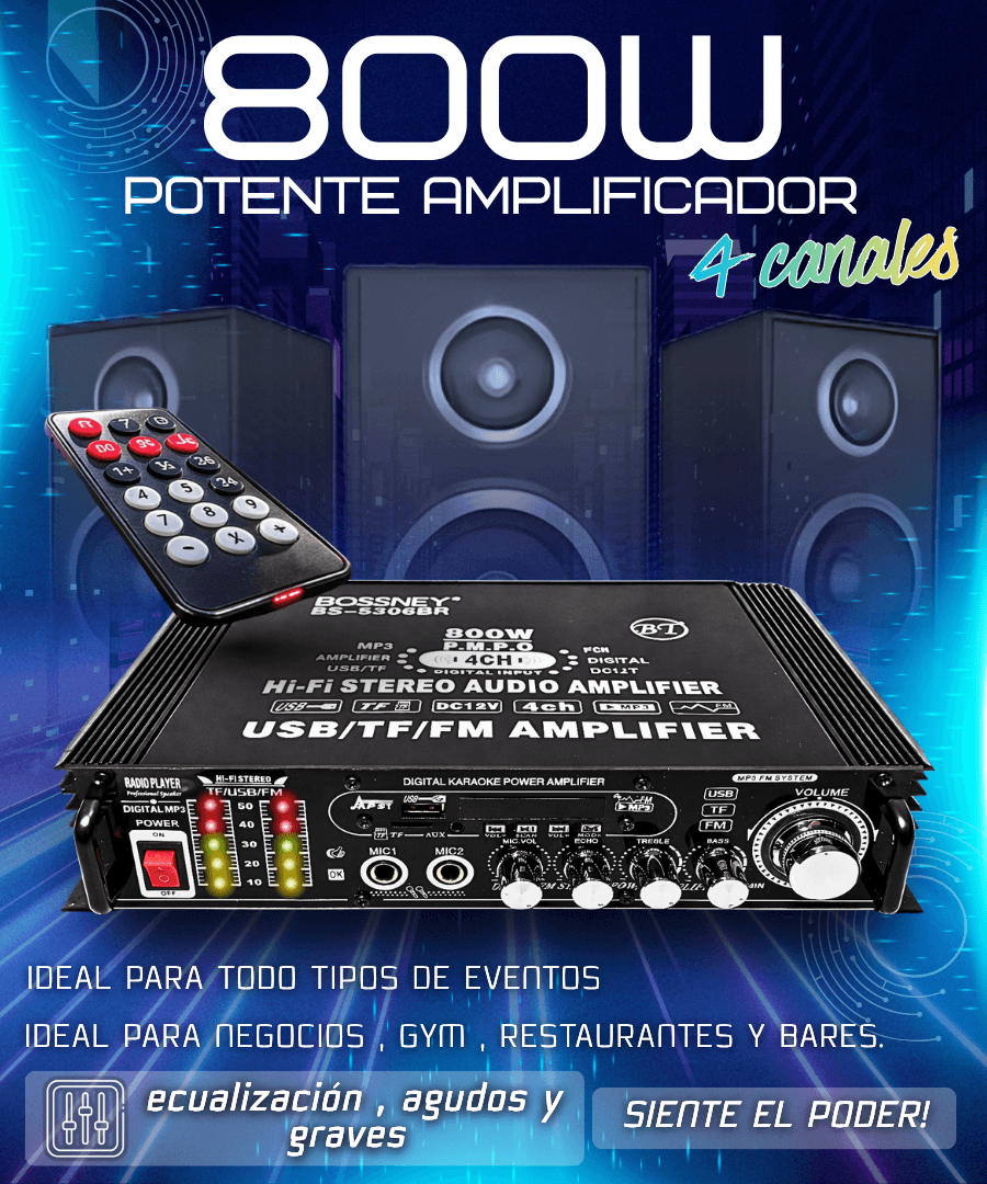 Amplificador 800W / 4.CH- Bluetooth-USB-SD-FM
