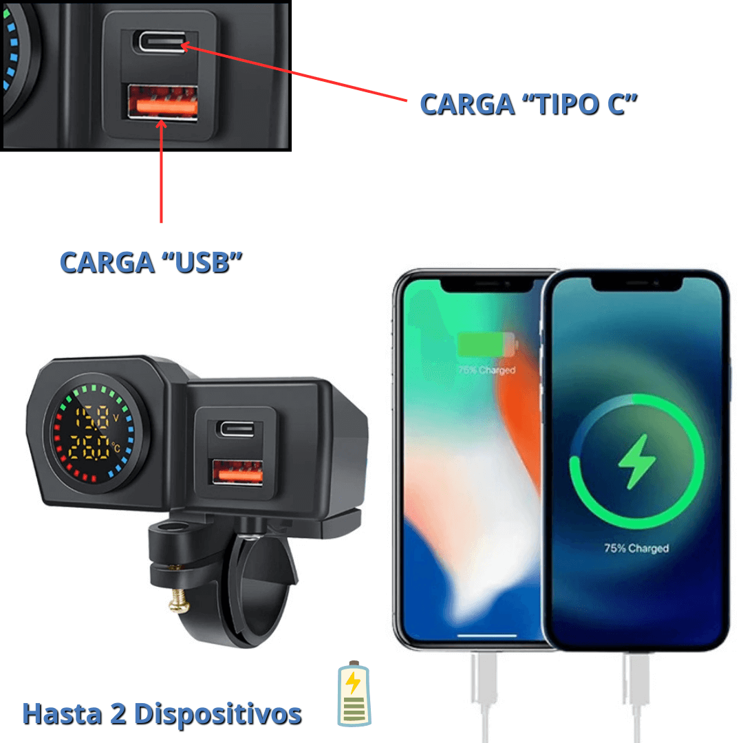 Cargador Moto USB + Tipo C con Voltímetro – Incluye Guantes