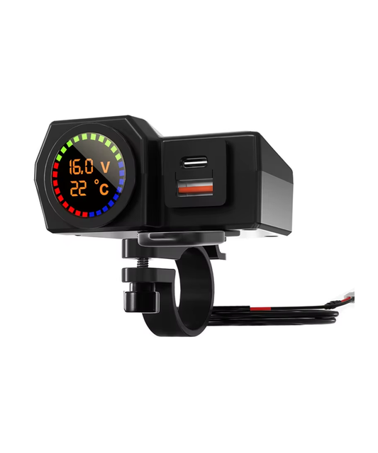 Cargador Moto USB + Tipo C con Voltímetro – Incluye Guantes