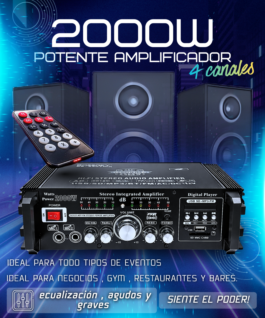 Amplificador Profesional 2000w bluetooth - 4 canales