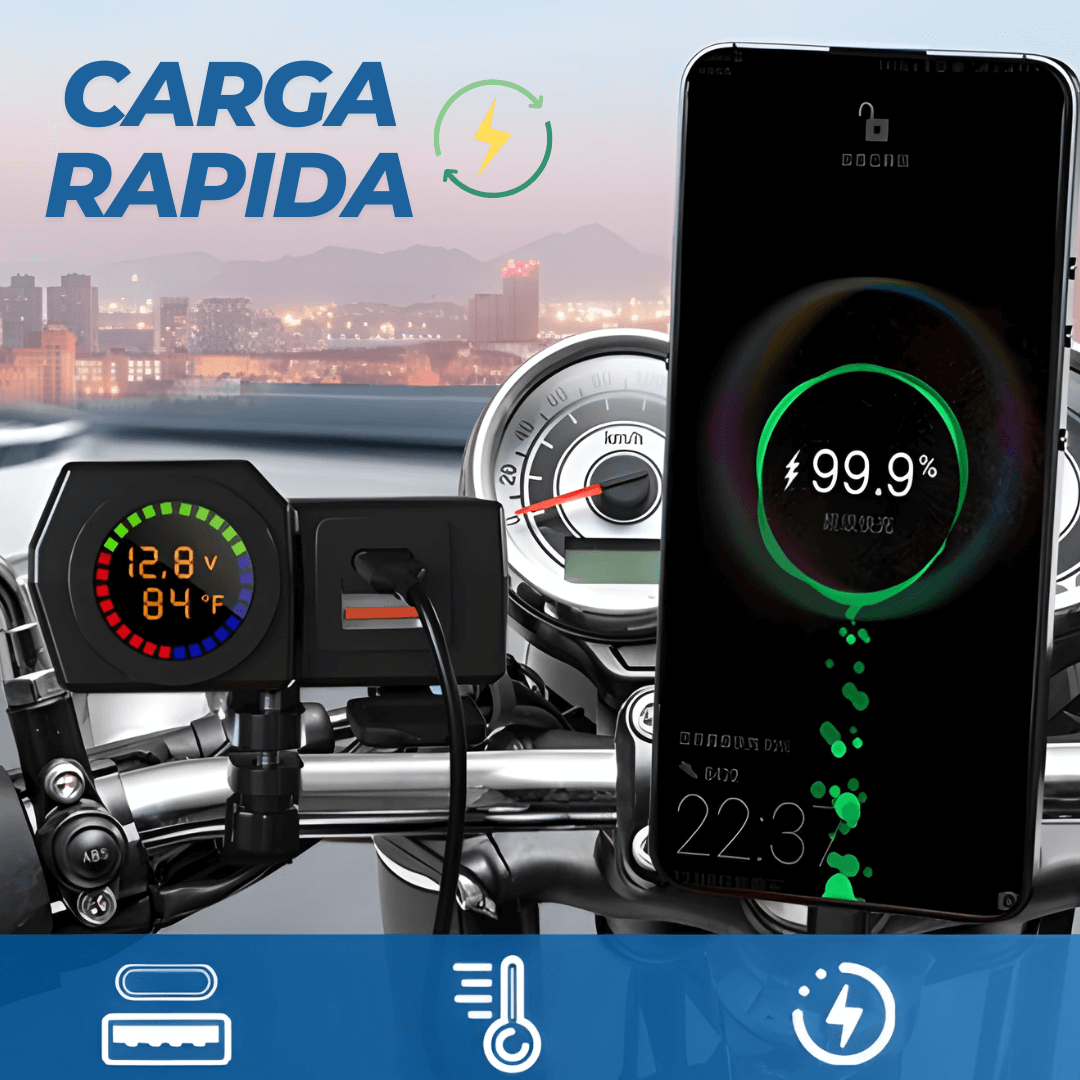 Cargador Moto USB + Tipo C con Voltímetro – Incluye Guantes